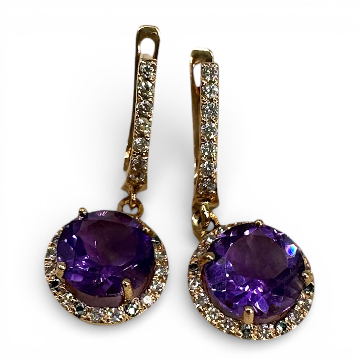 Золотые серьги с аметистом и цирконами