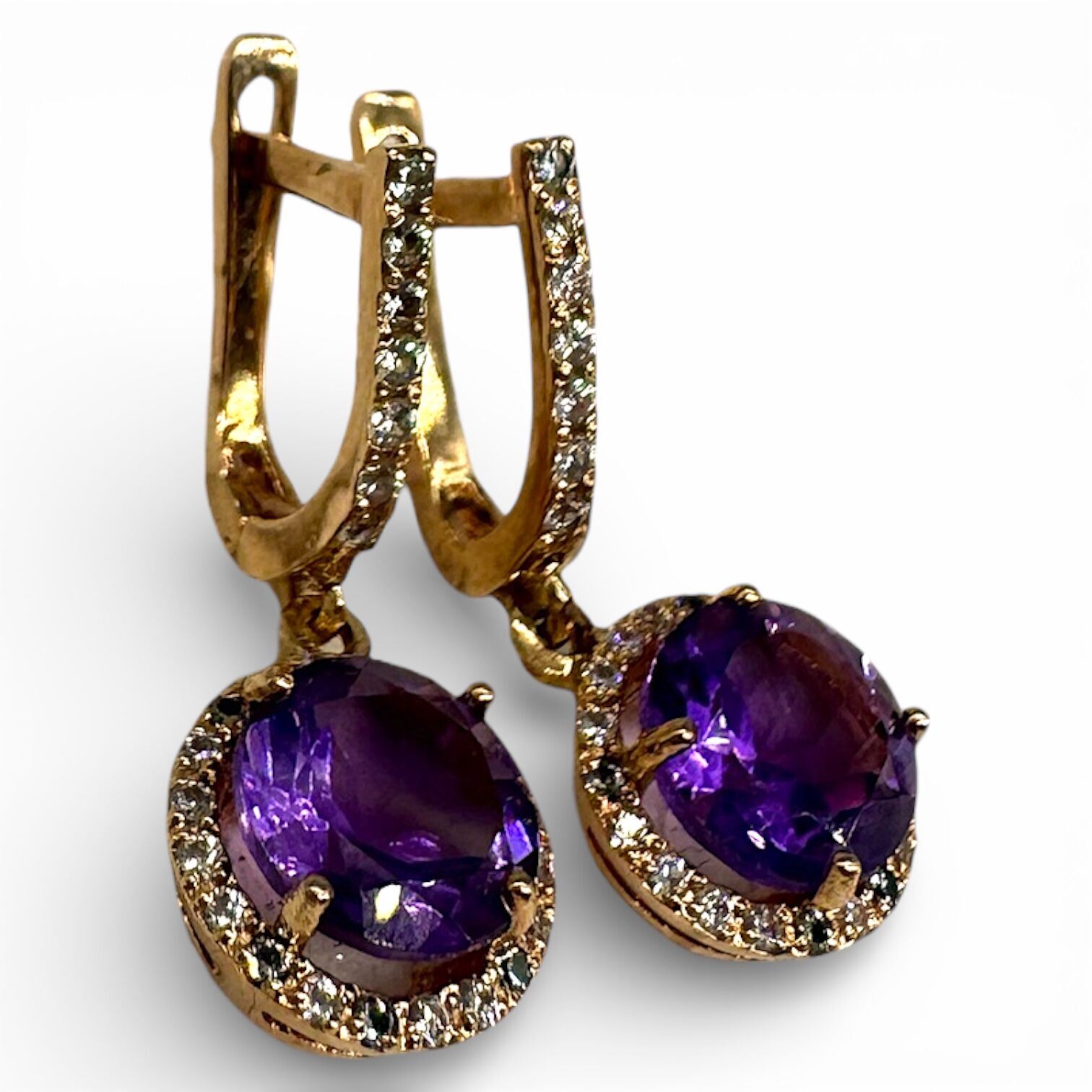Золотые серьги с аметистом и цирконами