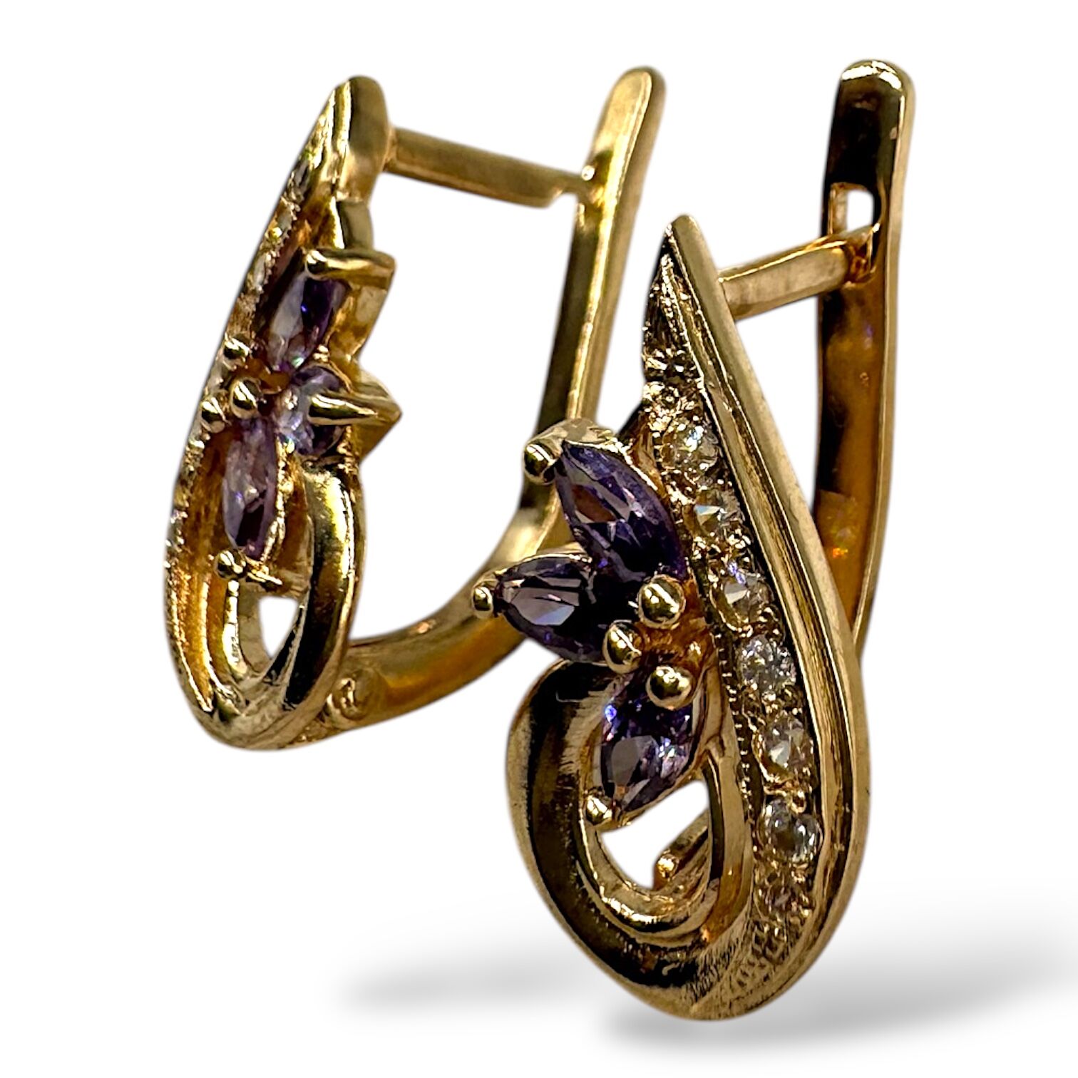 Золотые серьги с цирконами и аметистом