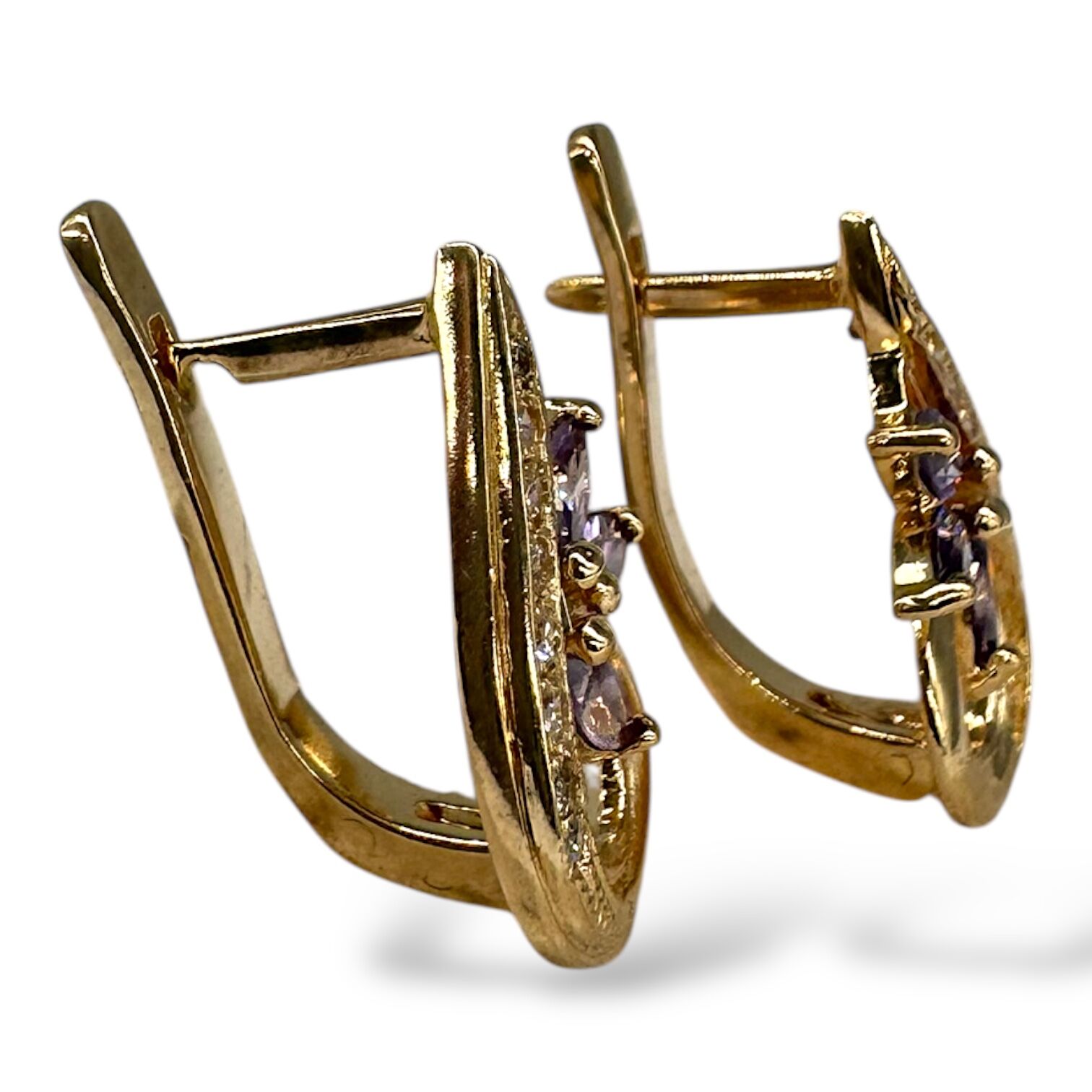 Золотые серьги с цирконами и аметистом